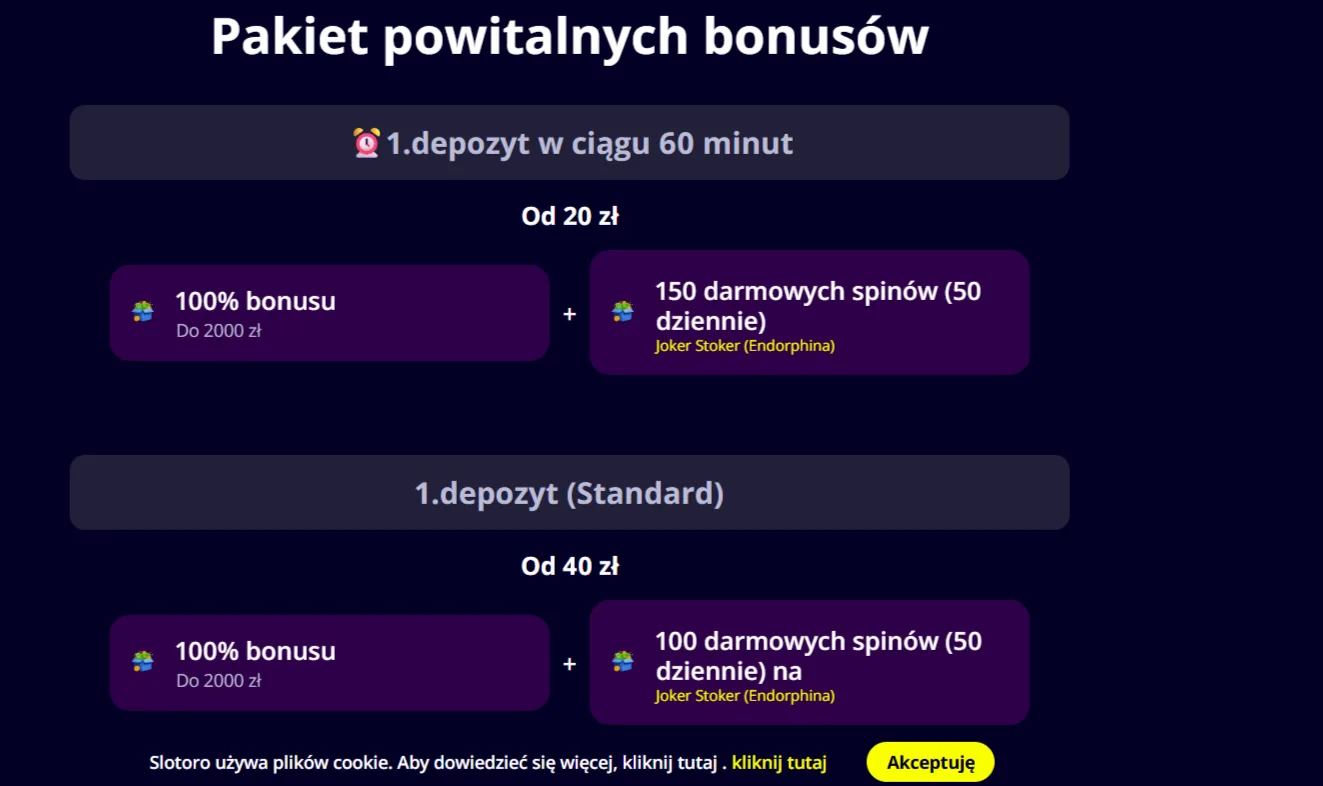 Aktualny pakiet powitalny Slotoro z progami w PLN i darmowymi spinami