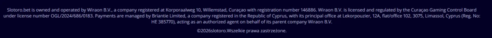 Oficjalna strona Slotoro z informacjami o operatorze, licencji i kanałach wsparcia